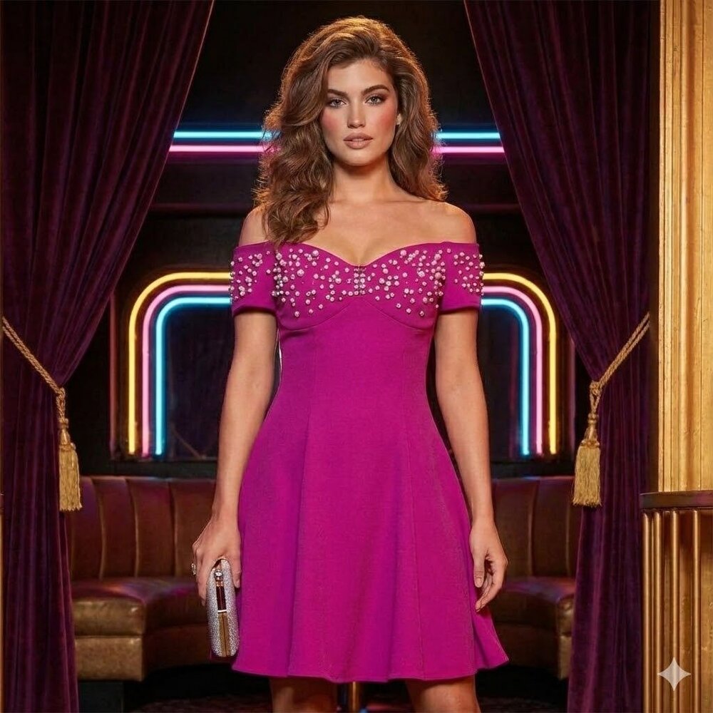Vintage 80s Tadashi Hot Pink Off Shoulder Fit Flare Beaded Party Dress Sz 8 Glam